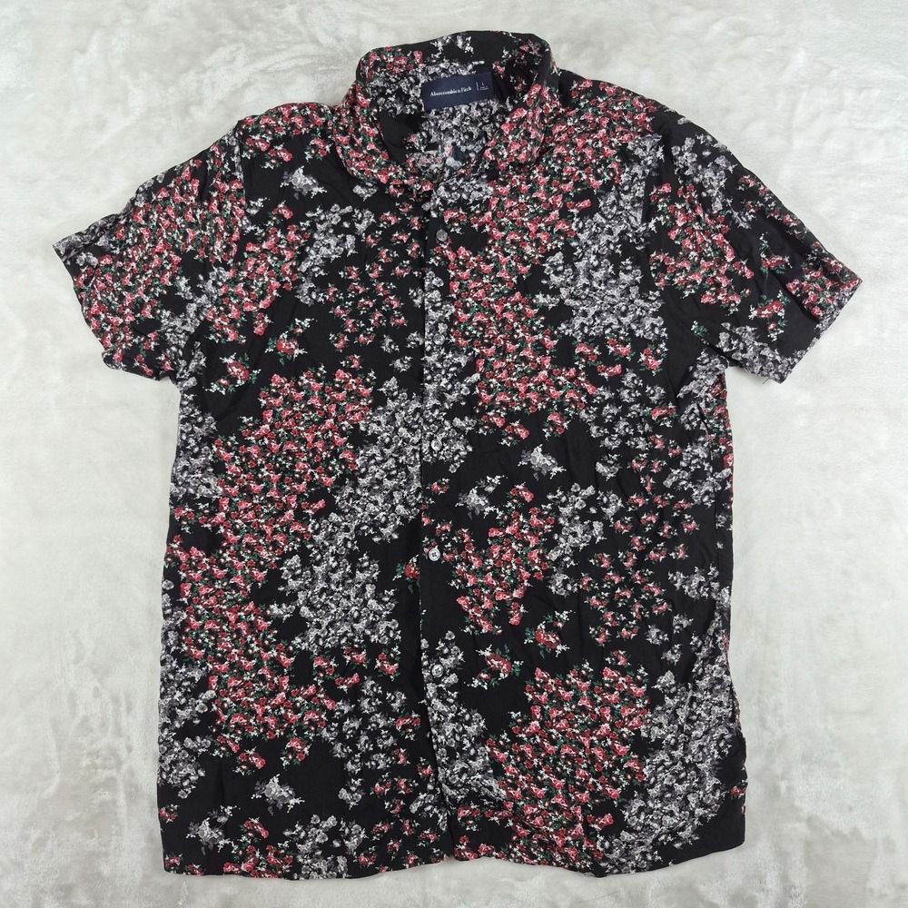 Abercrombie & Fitch Button Up Shirt Men's Large Black Hawaiian Floral Viscose